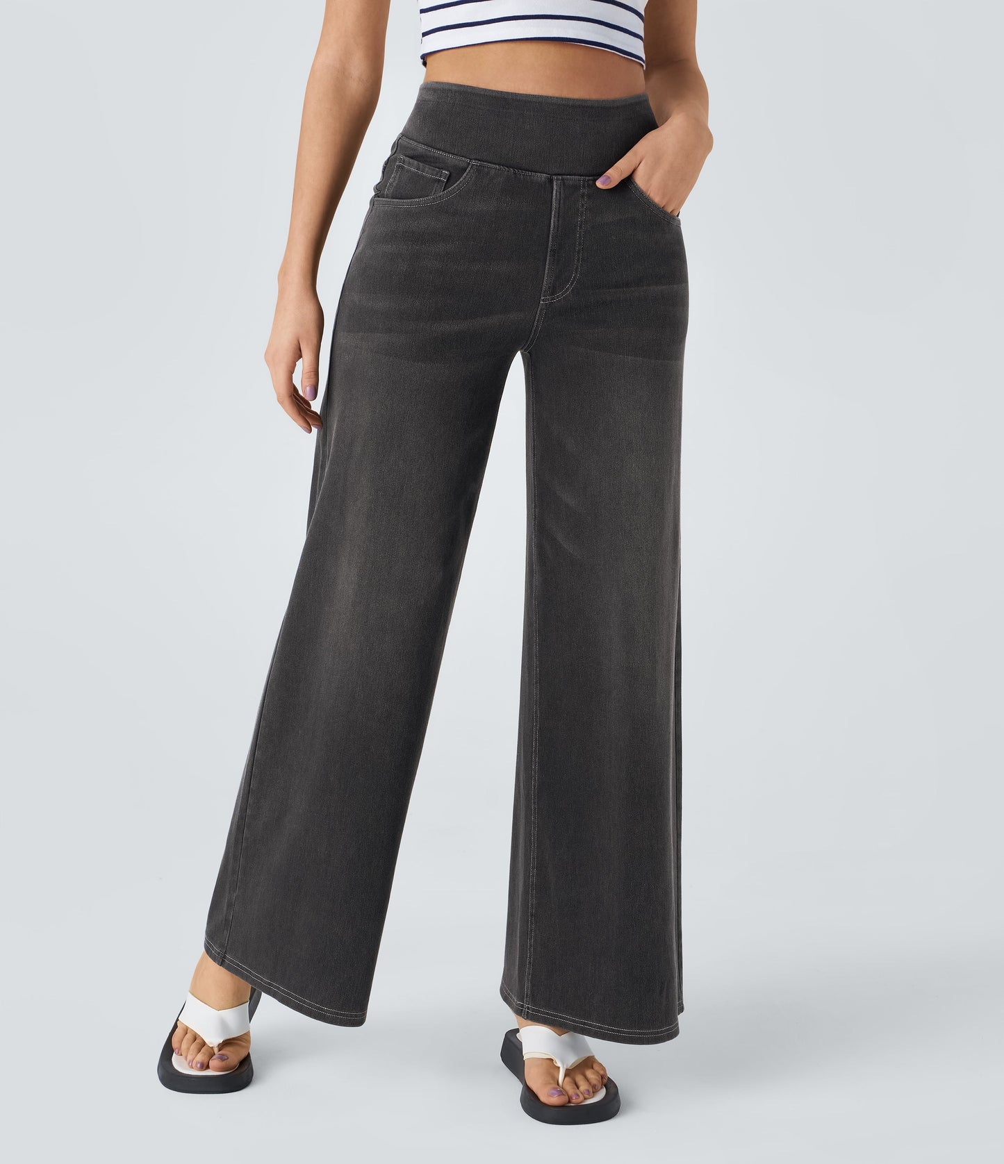 🔥™ High Waisted Pockets Baggy Wide Leg Washed Casual Jeans